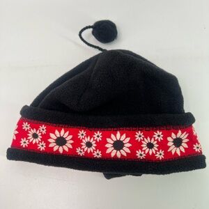 Vintage Digme Black Red Daisy Beanie Hat with Pom Tassel Ponytail Hole Velcro